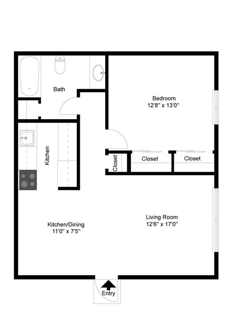 A floor plan of a small apartment with a living room, kitchen, and two bedrooms.